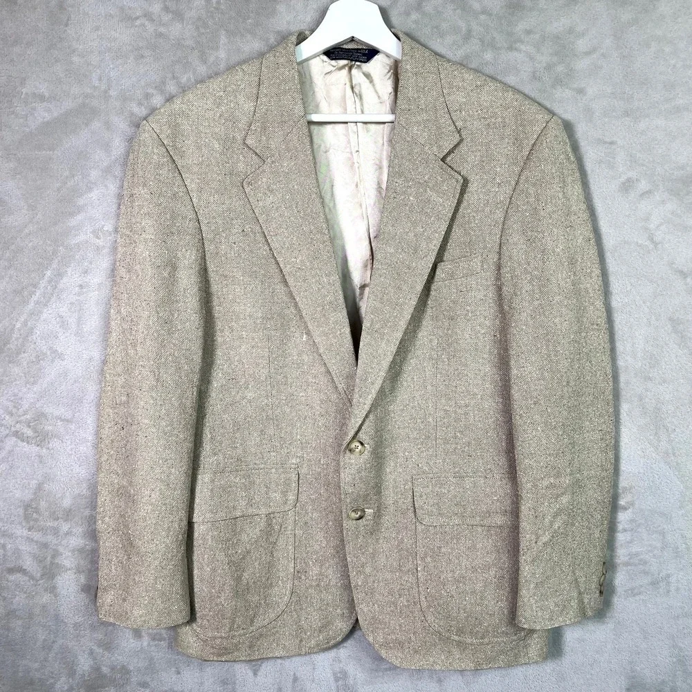 VTG 90s Lands' End Silk‎ Sport Coat Blazer Men 41R Beige Prep Coastal USA
